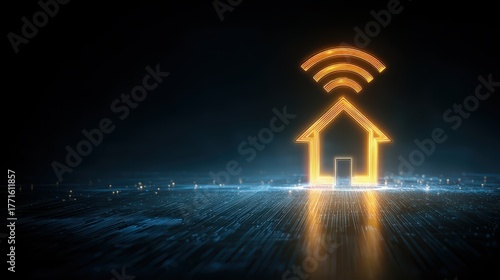 Modern wireless home connectivity concept with glowing house symbol and digital network background showcasing the future of smart living technology.