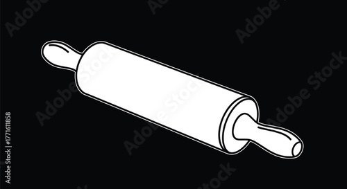 Simple black and white line art illustration of a wooden rolling pin, an essential kitchen tool used for flattening dough and preparing baked goods.