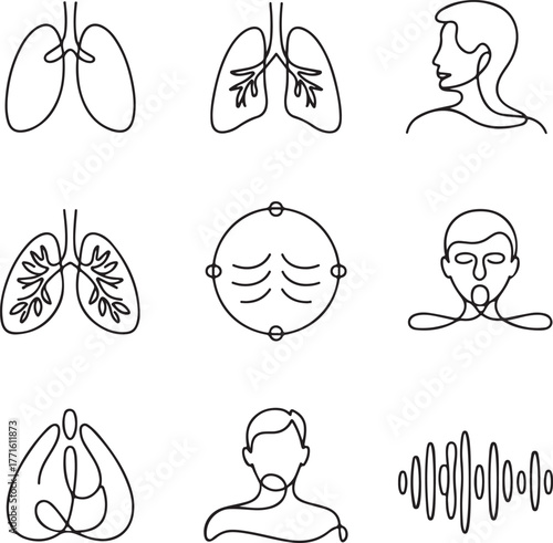 A set of continuous line art icons: human lungs, breathing, and respiratory symbols