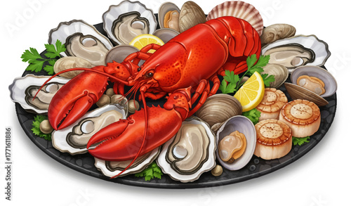 Gourmet seafood platter with lobster, oysters, and clams, digital illustration.