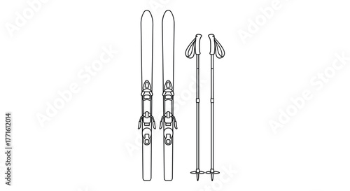 A pair of skis with bindings and two ski poles, depicted as a minimalist black and white line art illustration.