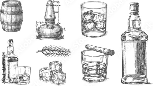 Set illustrations of whiskey distillery isolated on transparent background. Vector graphics