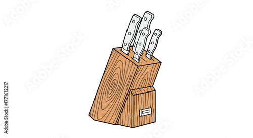 A functional wooden knife block with five kitchen knives, ready for cooking and food preparation tasks in the kitchen.