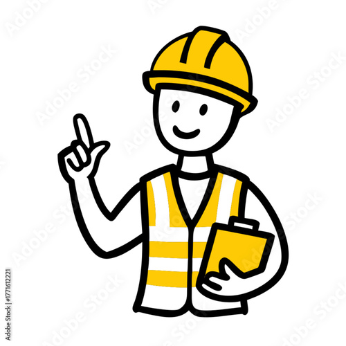 Cute Doodle Construction Worker Holding Clipboard and Pointing Vector Illustration
