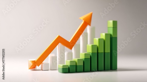 Free Download 3D illustration of green bar chart with upward orange arrow on white background, representing stock market growth in simple cartoon style. - GFXLoad
