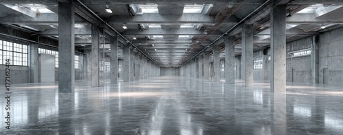 Large empty clean grey warehouse with shiny white concrete floor, 3D render of modern industrial space for business or storage.