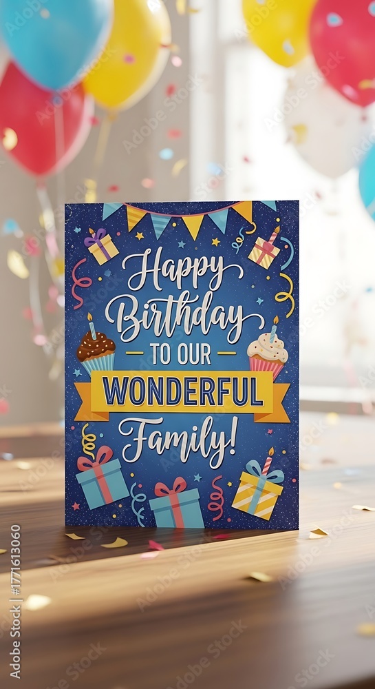 Obraz premium Birthday greeting card with balloons and confetti festive celebration concept