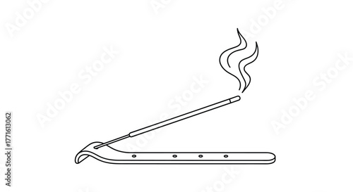 A minimalist line art illustration shows a burning incense stick resting in a holder, with smoke gently rising from the tip, evoking a sense of calm.