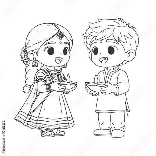 Traditional Indian clothing styles Chibi hand drawn line