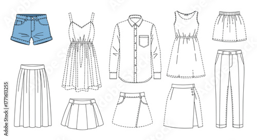 Collection of outlined women's fashion garments, including dresses, skirts, shorts, a shirt, and pants, for design and apparel concepts.