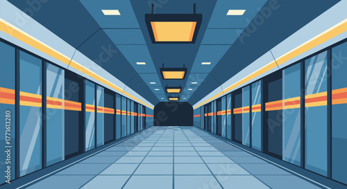 Subway Station Interior Modern Tunnel Design with Closed Doors and Tile Floor in Perspective