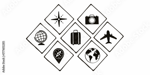 Seven square travel icons including a compass, airplane, camera, globe, and suitcase in black and white on transparent background