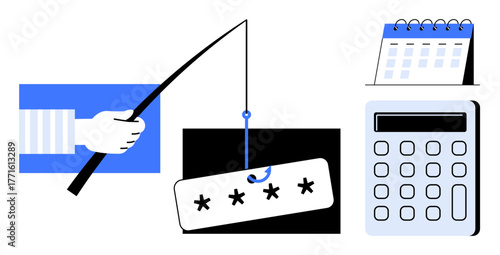 Hand holding fishing rod with password hooked, calculator, and calendar. Ideal for cybersecurity, phishing risk, data protection, password management, digital security, fraud prevention simple flat