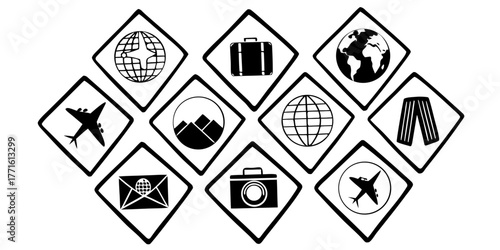 Black and white travel icons in diamond shapes arranged in a pattern on a white background design on transparent background