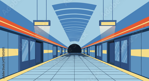 Subway Station Illustration Empty Train Platform With Futuristic Design and Geometric Architecture
