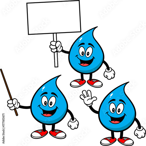 Water Drop Mascot Set 02, Hand Drawn illustrations of Water Drop Mascots in various poses.