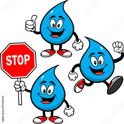 Water Drop Mascot Set 01, Hand Drawn illustrations of Water Drop Mascots in various poses.