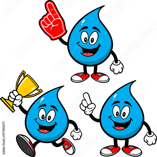 Water Drop Mascot Set 03, Hand Drawn illustrations of Water Drop Mascots in various poses.