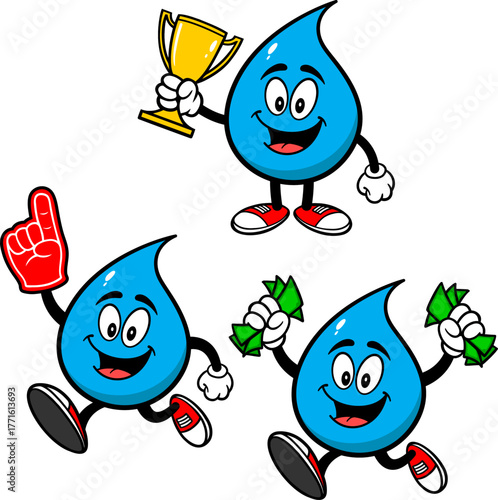 Water Drop Mascot Set 04, Hand Drawn illustrations of Water Drop Mascots in various poses.