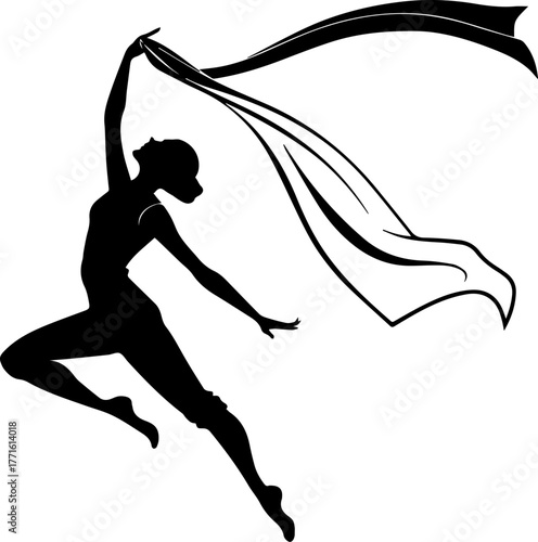 Silhouette of Person Dancing with Flowing Ribbon – Elegant Motion Scene in Black and White