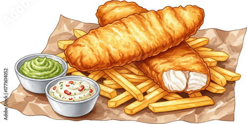 Fish and Chips with dipping sauces, watercolor food illustration isolated.