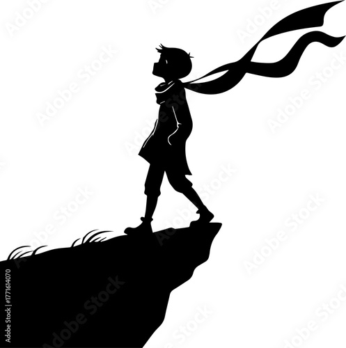 Silhouette of Child Standing on Cliff with Scarf – Reflective Outdoor Scene in Black and White