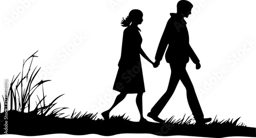 Silhouette of Couple Walking Hand in Hand – Peaceful Companionship Scene in Black and White
