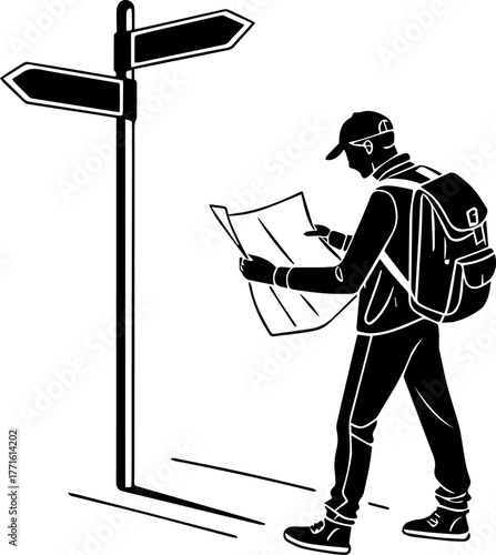 Silhouette of Person Reading Map at Crossroads – Decision and Exploration Scene in Black and White