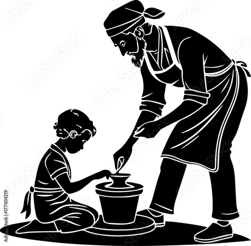 Silhouette of Adult Teaching Child Pottery on Wheel – Creative Learning Scene in Black and White