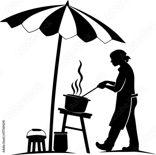 Silhouette of Person Grilling Under Umbrella with Child – Outdoor Family Scene in Black and White