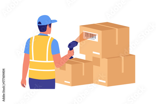 Illustration of Warehouse Worker Using Barcode Scanner. Digital Device for Stock Verification, Tracking Inventory Data and Recording Goods Movement in Logistics