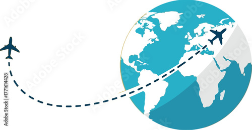 Airplane flying around the world illustration on orange background for travel