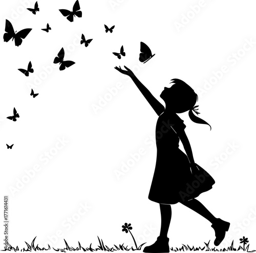 Silhouette of Girl Releasing Birds in Field – Peaceful Freedom Scene in Black and White