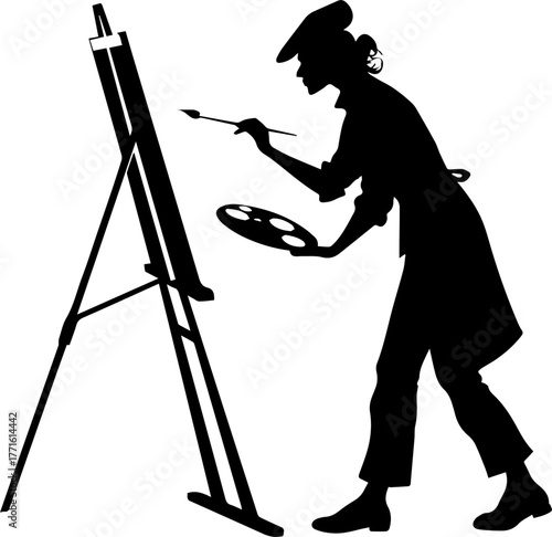 Silhouette of Artist Painting on Canvas – Creative Studio Scene in Black and White