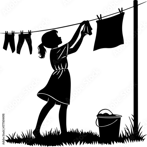 Silhouette of Person Hanging Clothes on Line – Domestic Chore Scene in Black and White
