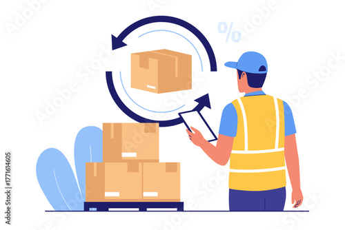 Illustration of Inventory Turnover Rate Optimization. Business Worker Analyzing Stock Rotation Cycle and Efficiency Metrics for Profitable Supply Chain Management