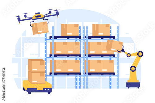 Illustration of Smart Warehouse Automation. Drone and Robot Arm Technology Working Together for Efficient Inventory Management and Digital Logistics Operations
