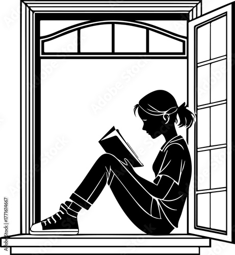 Silhouette of Person Reading by Arched Window – Peaceful Indoor Scene in Black and White