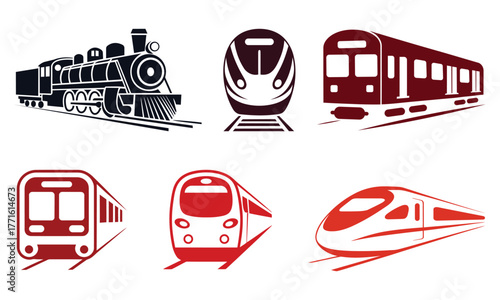 Minimalist vector illustration set of vintage and modern trains including steam locomotive, metro, passenger and bullet train designs