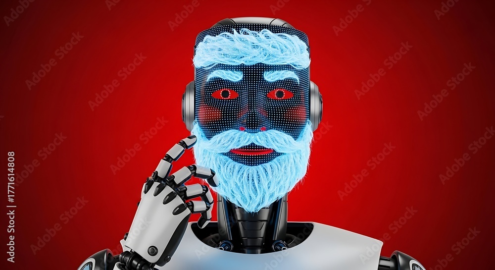 Fototapeta premium Futuristic robot with glowing blue beard and red eyes touches chin, contemplating innovation on red background
