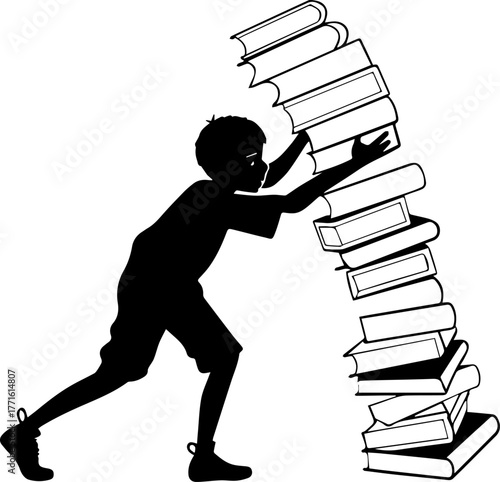 Silhouette of Child Pushing Stack of Books – Determined Learning Scene in Black and White