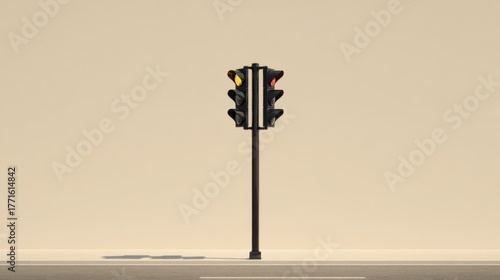 Single black traffic light pole with all lights off, standing against plain beige background, symmetry and simplicity emphasized