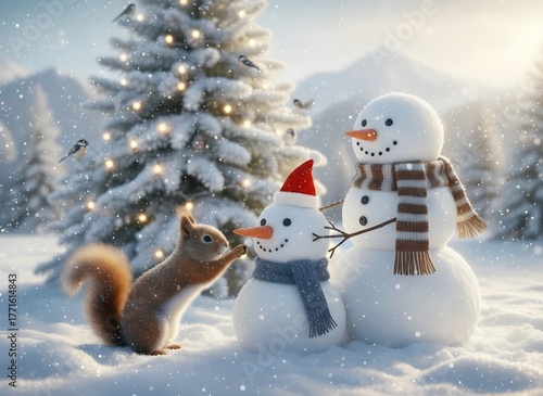 Sweet Winter Moment: Squirrel Putting the Finishing Touch on a Small Snowman