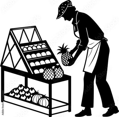 Silhouette of Person Arranging Fruits or Vegetables on Display – Market Scene in Black and White