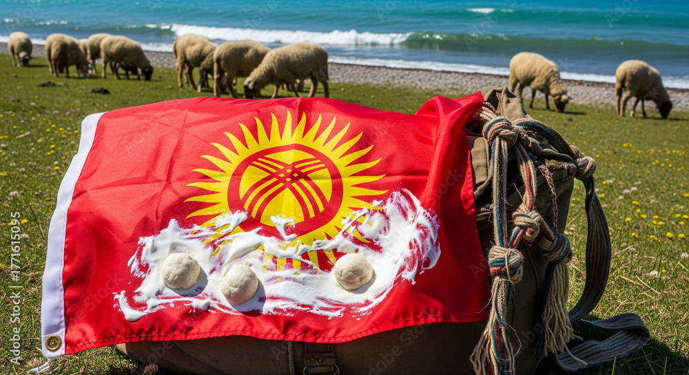 Obraz premium Kyrgyzstan flag with kurut cheese by the water with sheep. The vibrant red national flag of Kyrgyzstan is draped over a backpack in a scenic, grassy field