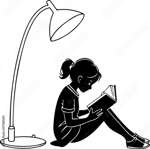 Silhouette of Girl Reading Under Lamp – Quiet Learning Scene in Black and White