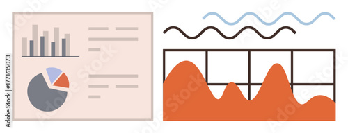 Statistical dashboard featuring bar chart, pie chart, and grid line graph. Ideal for analytics, trends, reports, data management, strategy presentations and infographics. Simple flat metaphor