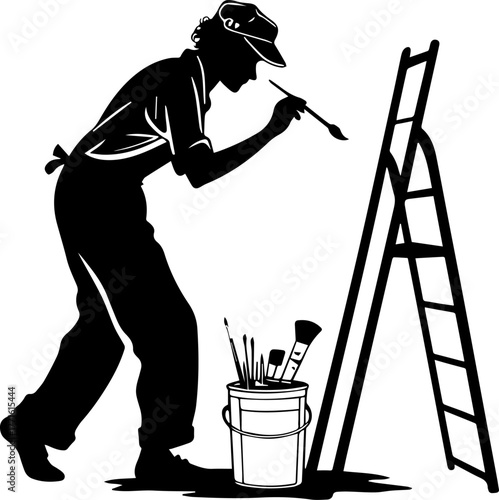 Silhouette of Person Painting Wall with Ladder and Tools – Creative Scene in Black and White