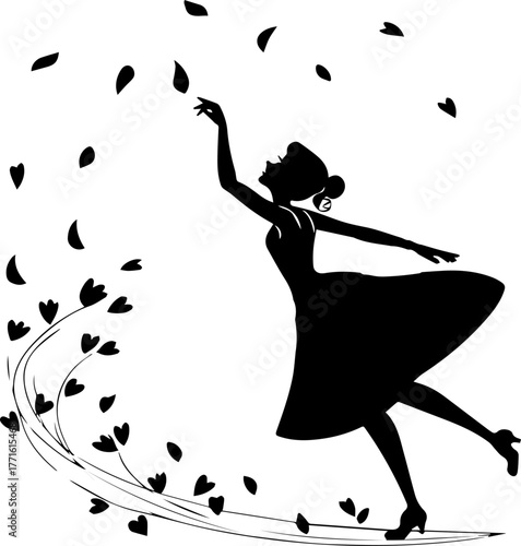 Silhouette of Dancer Surrounded by Leaves and Flowers – Elegant Motion Scene in Black and White