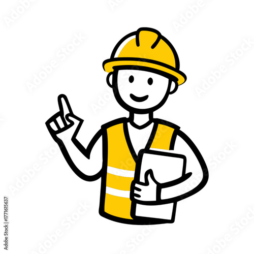Cute Doodle Construction Worker Holding Clipboard and Pointing Vector Illustration